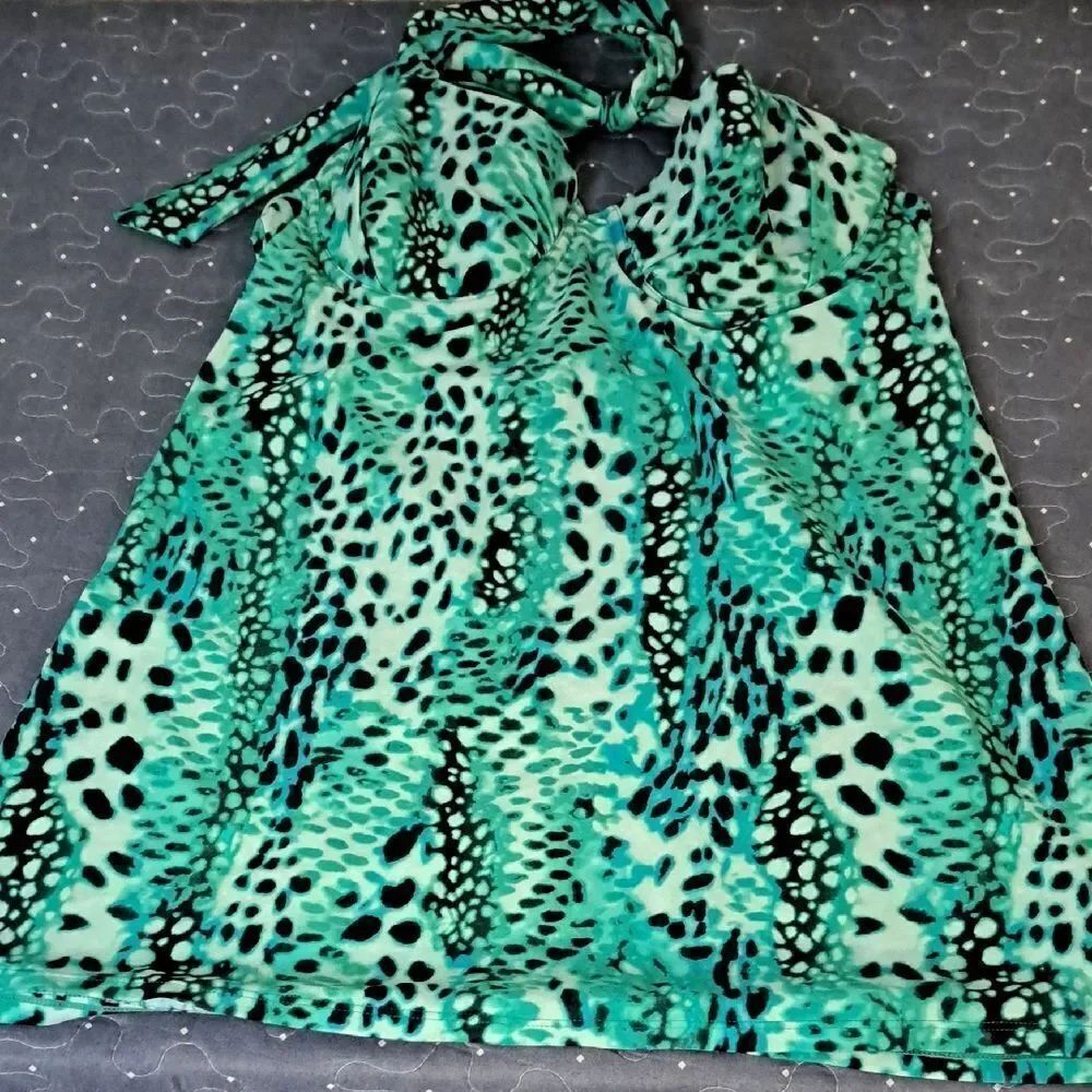 Smart & Sexy Green and Black Animal Print Halter swim tankini top size 36B